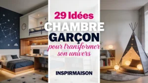 Trois idées de chambres de garçons modernes avec lits, bureaux et tipi.