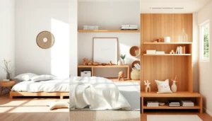 Chambre minimaliste lumineuse avec lit en bois clair, étagères murales et décorations naturelles.