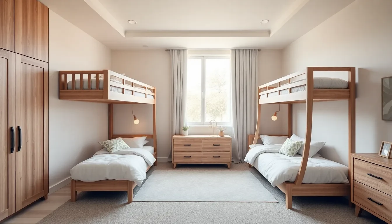 Chambre moderne et lumineuse avec deux lits superposés en bois clair, armoire et commode.
