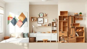 Chambre moderne lumineuse avec lit, rangements en bois et décorations murales colorées.