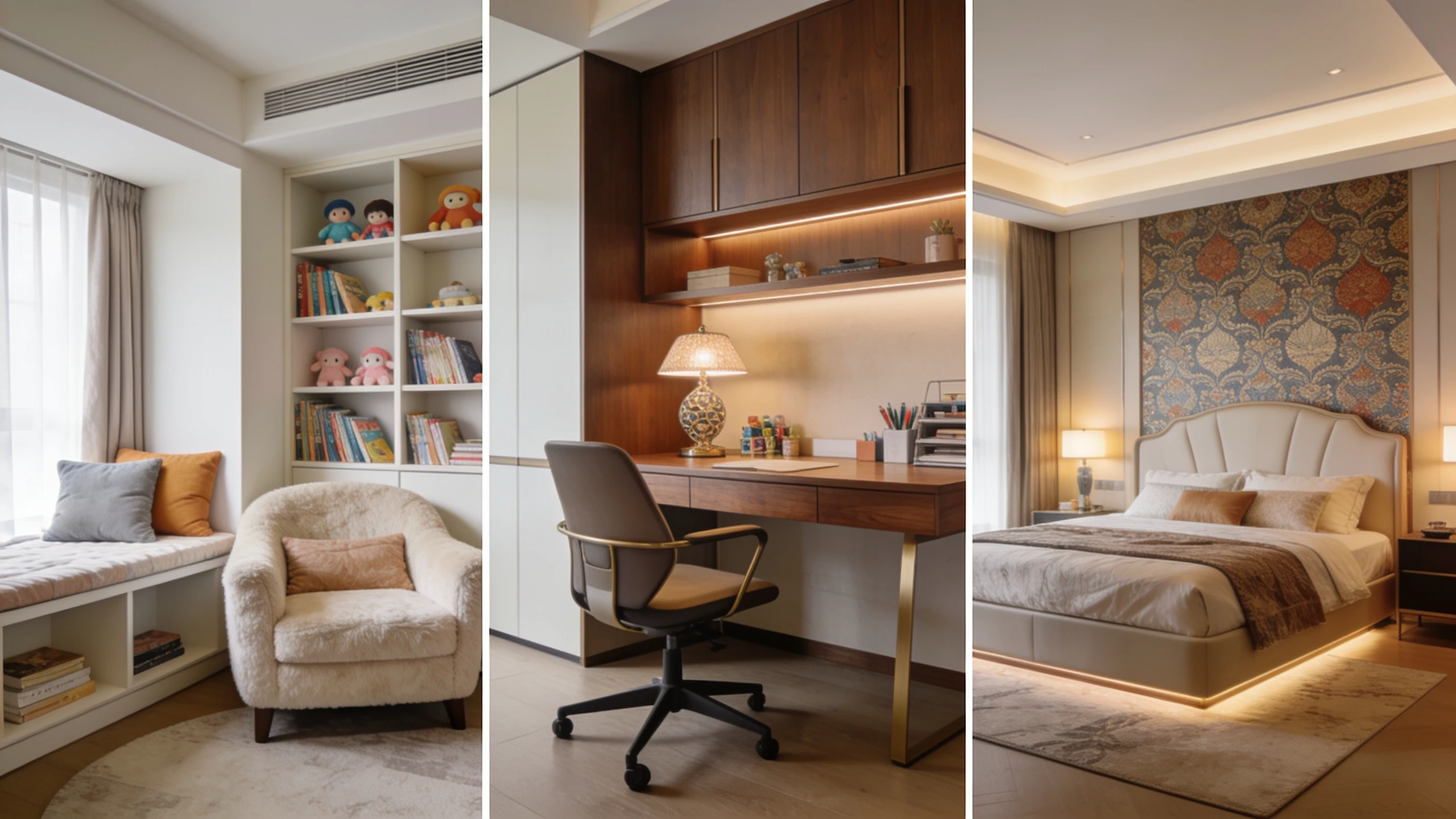 Trois scènes d'intérieur élégantes comprenant un coin lecture, un bureau et une chambre luxueuse.