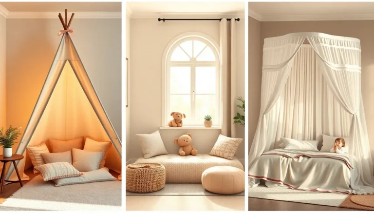 Trois ambiances de chambres d'enfants: tipi, coin lecture fenêtre, lit à baldaquin.