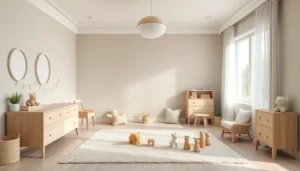 Chambre d'enfant lumineuse aux tons neutres avec mobilier en bois clair et jouets.