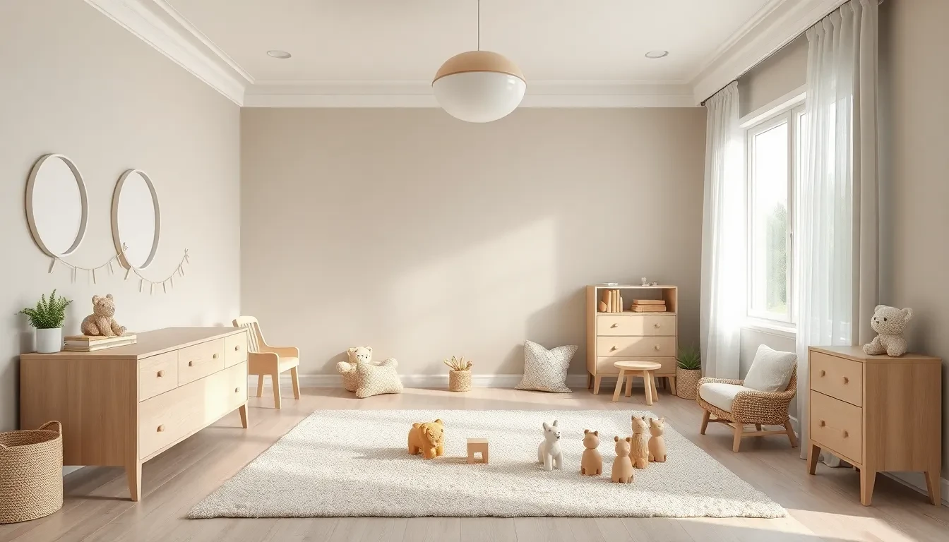 Chambre d'enfant lumineuse aux tons neutres avec mobilier en bois clair et jouets.