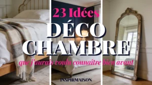 Collage de trois photos montrant une chambre élégante avec un grand miroir doré.
