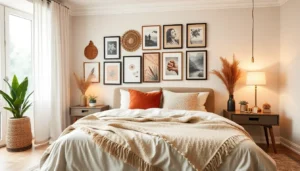 Chambre à coucher moderne avec un mur de cadres et une plante verte en pot.