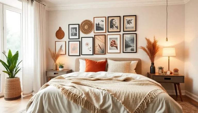 Chambre à coucher moderne avec un mur de cadres et une plante verte en pot.