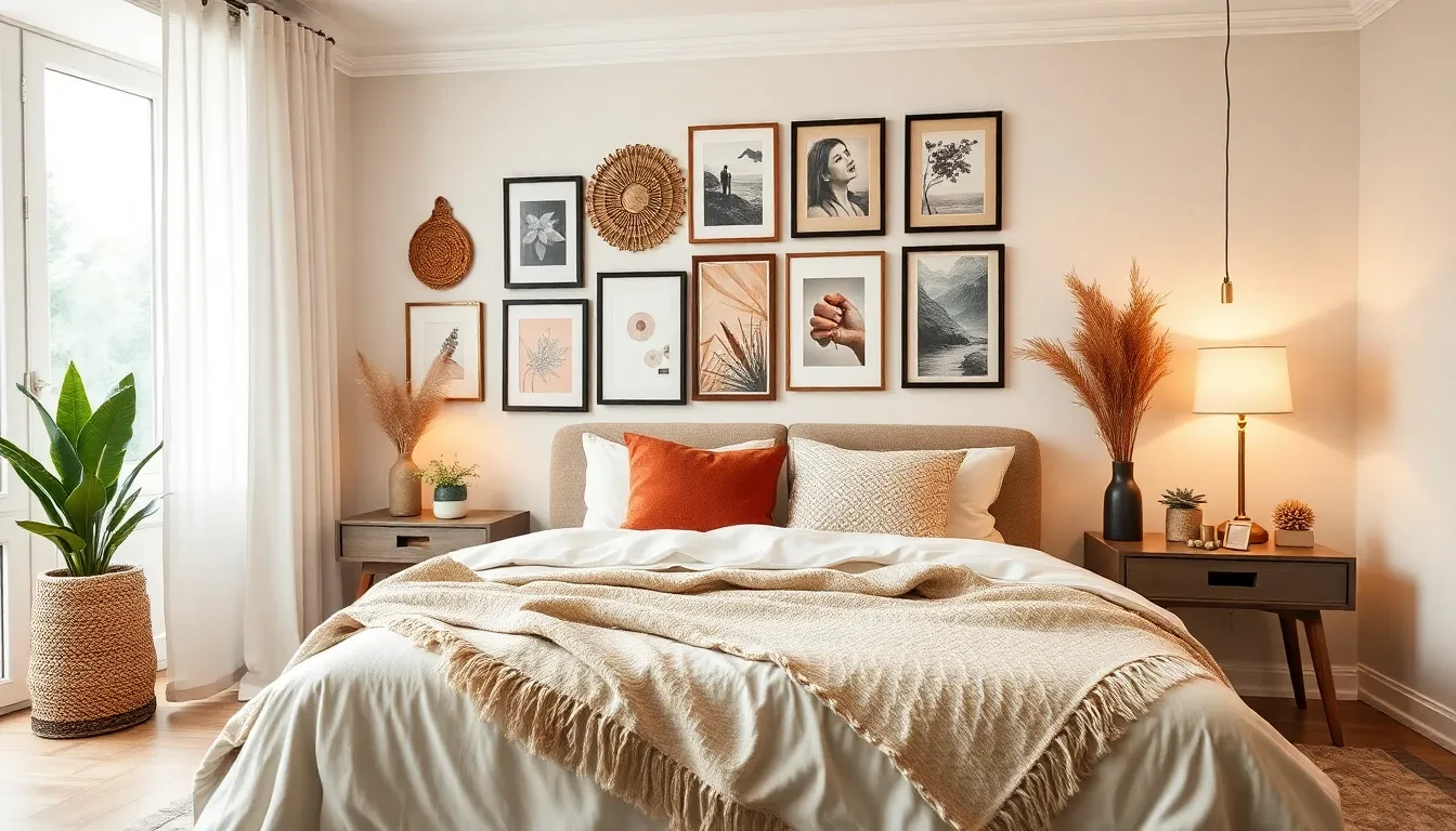 Chambre à coucher moderne avec un mur de cadres et une plante verte en pot.