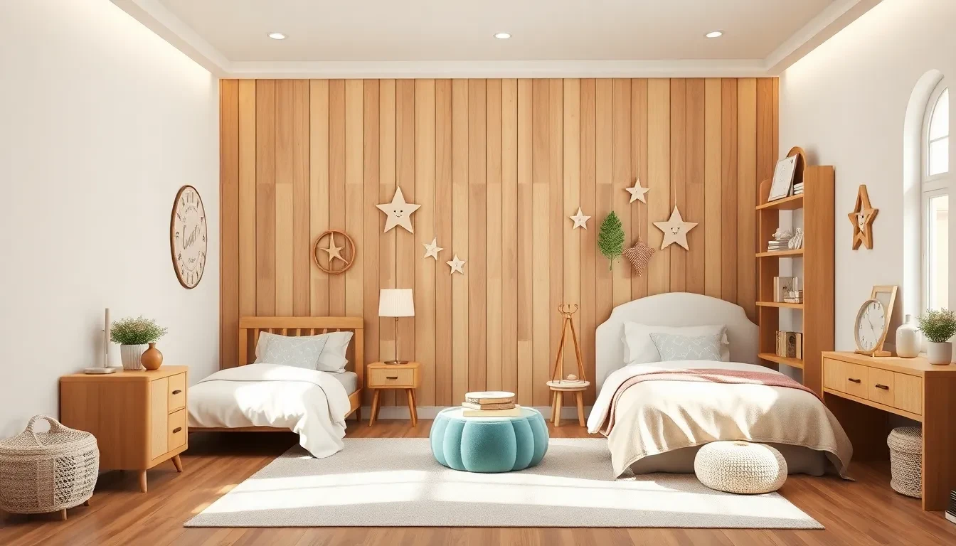Chambre lumineuse avec deux lits, mur en bois, décor étoiles et mobilier naturel.