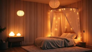Chambre douillette avec lit à baldaquin éclairé, lampes nuages et ambiance chaleureuse.
