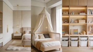Chambre d'enfant moderne et élégante avec lit, berceau à baldaquin et étagères organisées.