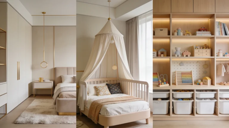 Chambre d'enfant moderne et élégante avec lit, berceau à baldaquin et étagères organisées.