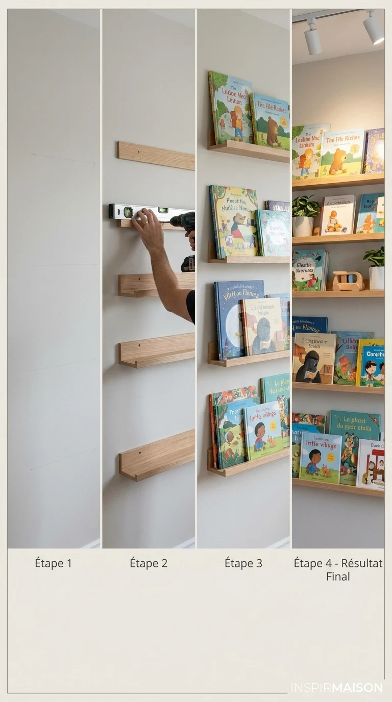 Installe des étagères murales épurées pour les livres