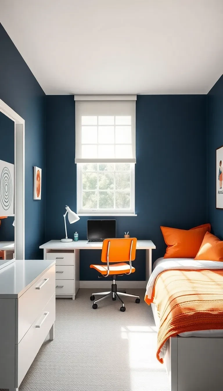 La palette bleu marine, blanc et touches orange façon NASA