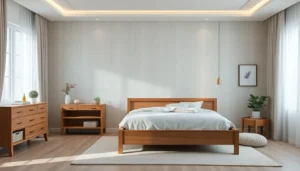Chambre moderne et lumineuse avec lit en bois, commode, et décoration minimaliste.