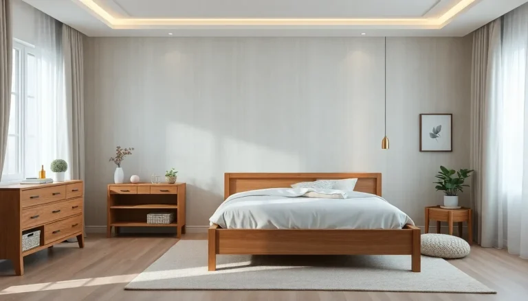 Chambre moderne et lumineuse avec lit en bois, commode, et décoration minimaliste.