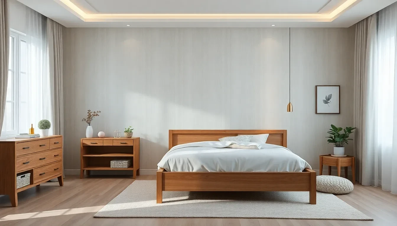 Chambre moderne et lumineuse avec lit en bois, commode, et décoration minimaliste.