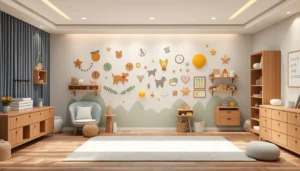 Chambre d'enfant lumineuse avec décoration murale ludique et mobilier en bois clair.