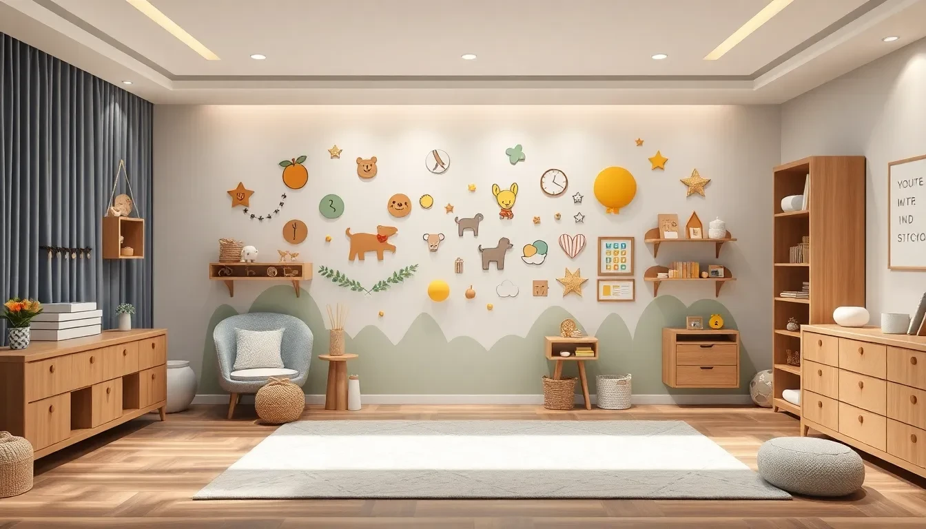 Chambre d'enfant lumineuse avec décoration murale ludique et mobilier en bois clair.
