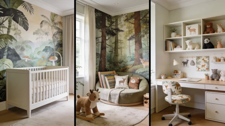 Trois chambres d'enfants thématiques: jungle, forêt, et animaux, avec mobilier.