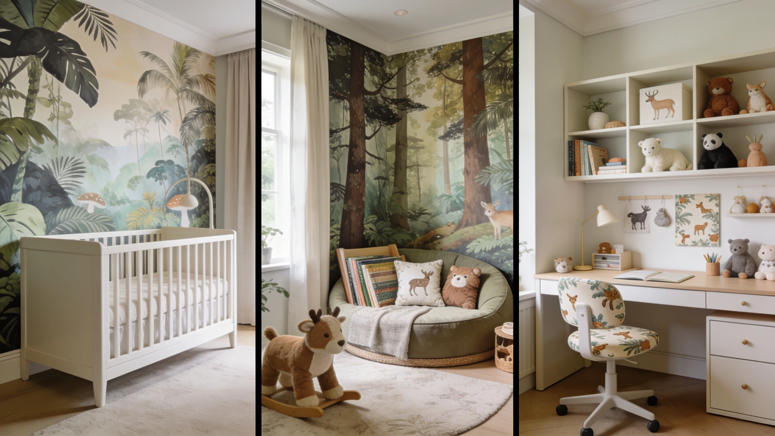 Trois chambres d'enfants thématiques: jungle, forêt, et animaux, avec mobilier.