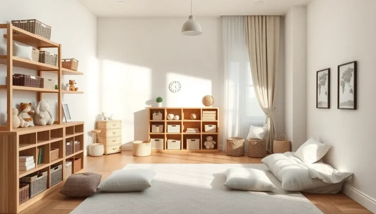 Chambre d'enfant lumineuse avec étagères en bois clair, paniers de rangement et coussins au sol.