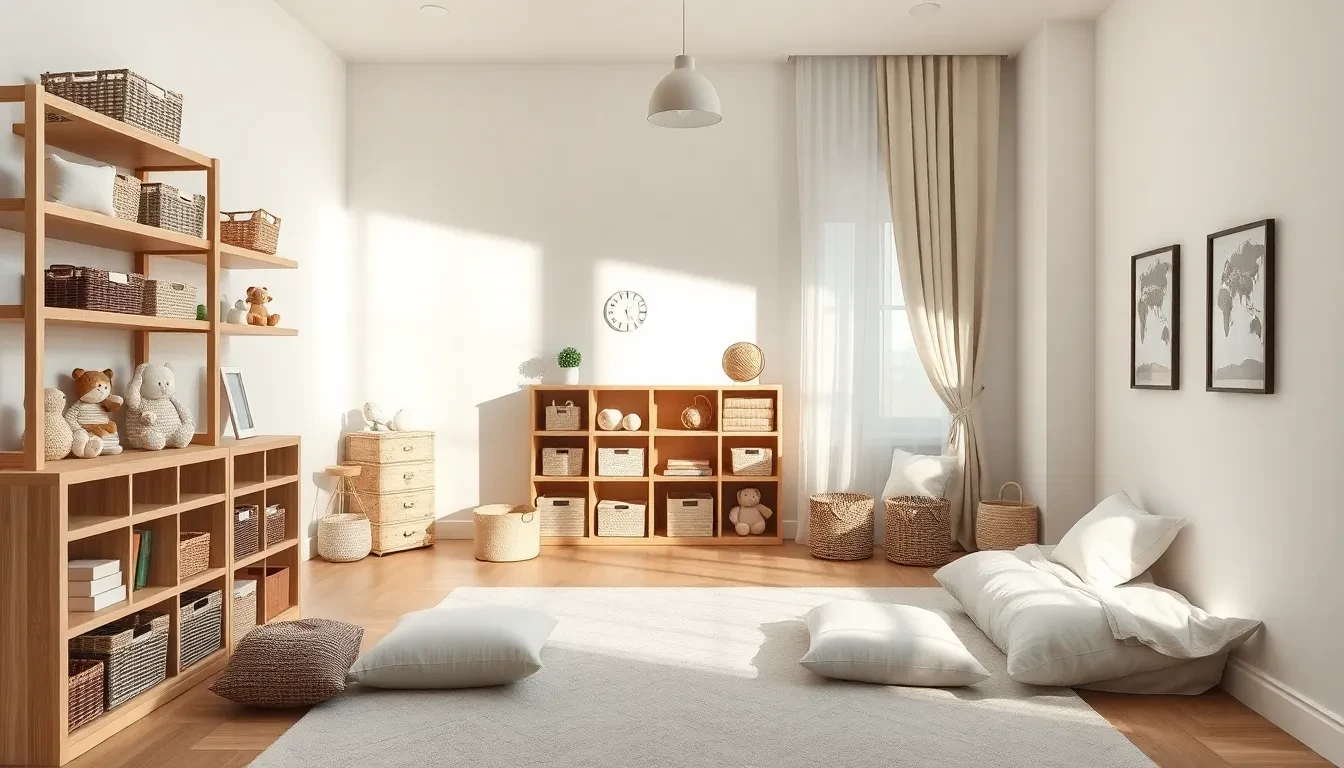 Chambre d'enfant lumineuse avec étagères en bois clair, paniers de rangement et coussins au sol.