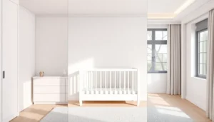 Chambre de bébé moderne et lumineuse avec berceau blanc, commode et placard.