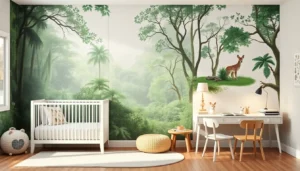 Chambre d'enfant avec papier peint jungle luxuriante, faon, lit bébé blanc et bureau.