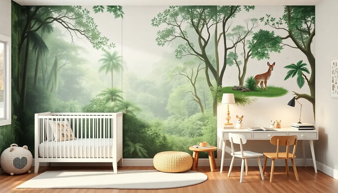Chambre d'enfant avec papier peint jungle luxuriante, faon, lit bébé blanc et bureau.