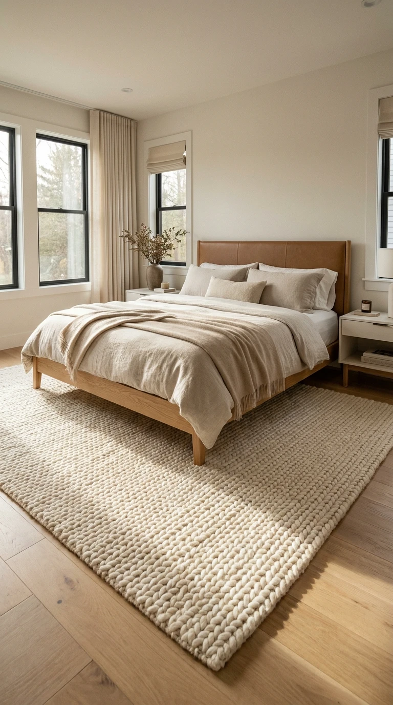 Un grand tapis sous le lit qui dépasse des deux côtés
