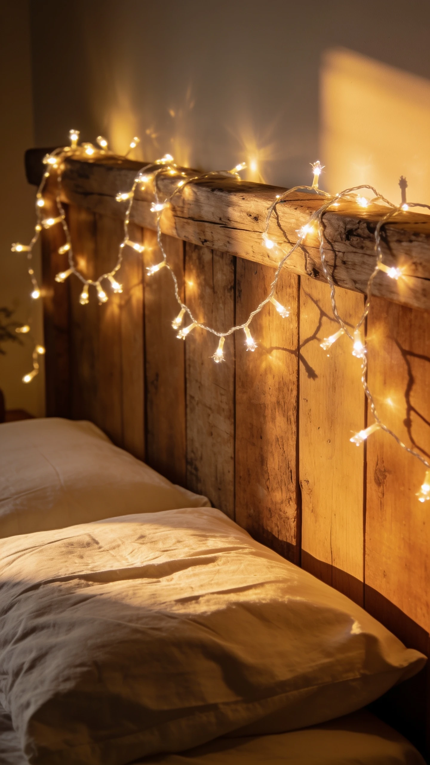 Une guirlande lumineuse sur toute la longueur de la tête de lit