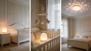 Veilleuse projecteur d'étoiles dans une chambre de bébé blanche et apaisante avec berceau.