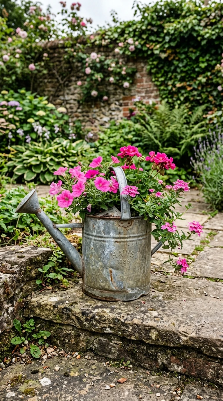 Arrosoir en Zinc Galvanisé Planté de Fleurs