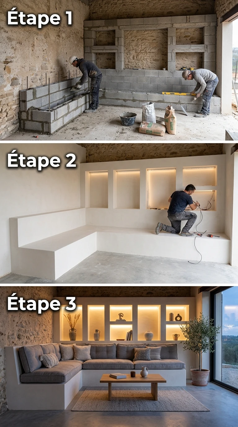 Banquette Maçonnée avec Niches LED Intégrées