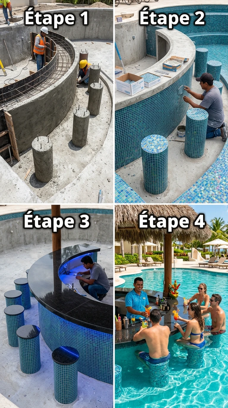 Bar de Piscine avec Tabourets dans l'Eau