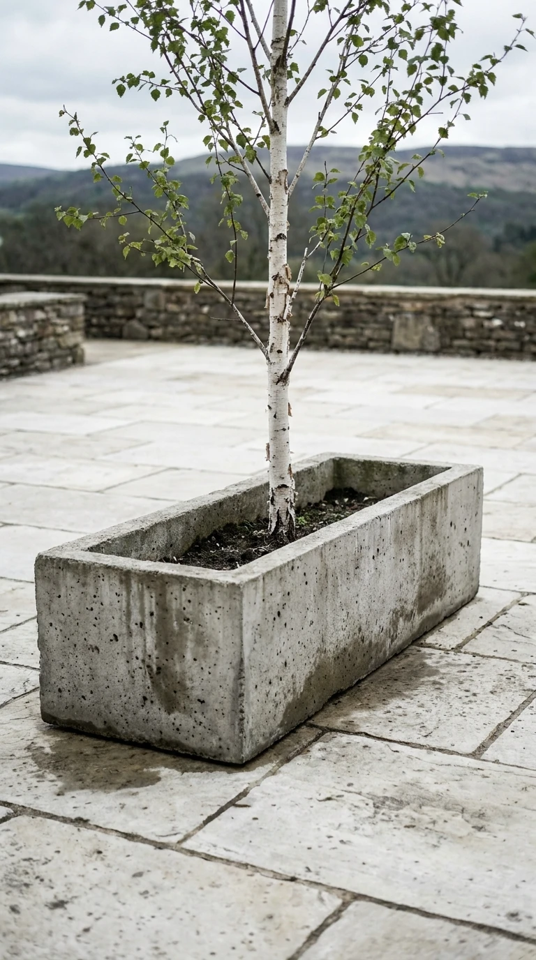 Bouleau à Tige Simple dans Bac Béton Rectangulaire