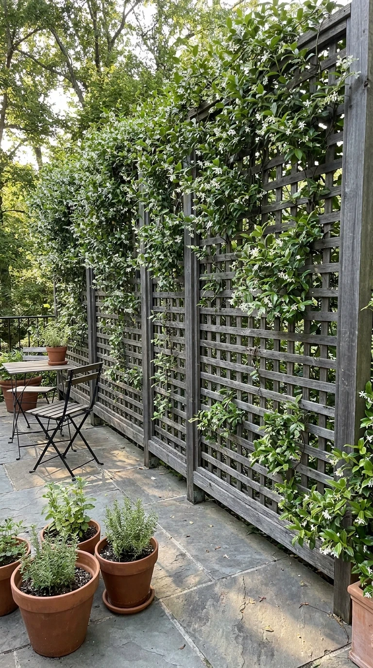Brise-Vue en Treillage Bois avec Plantes Grimpantes