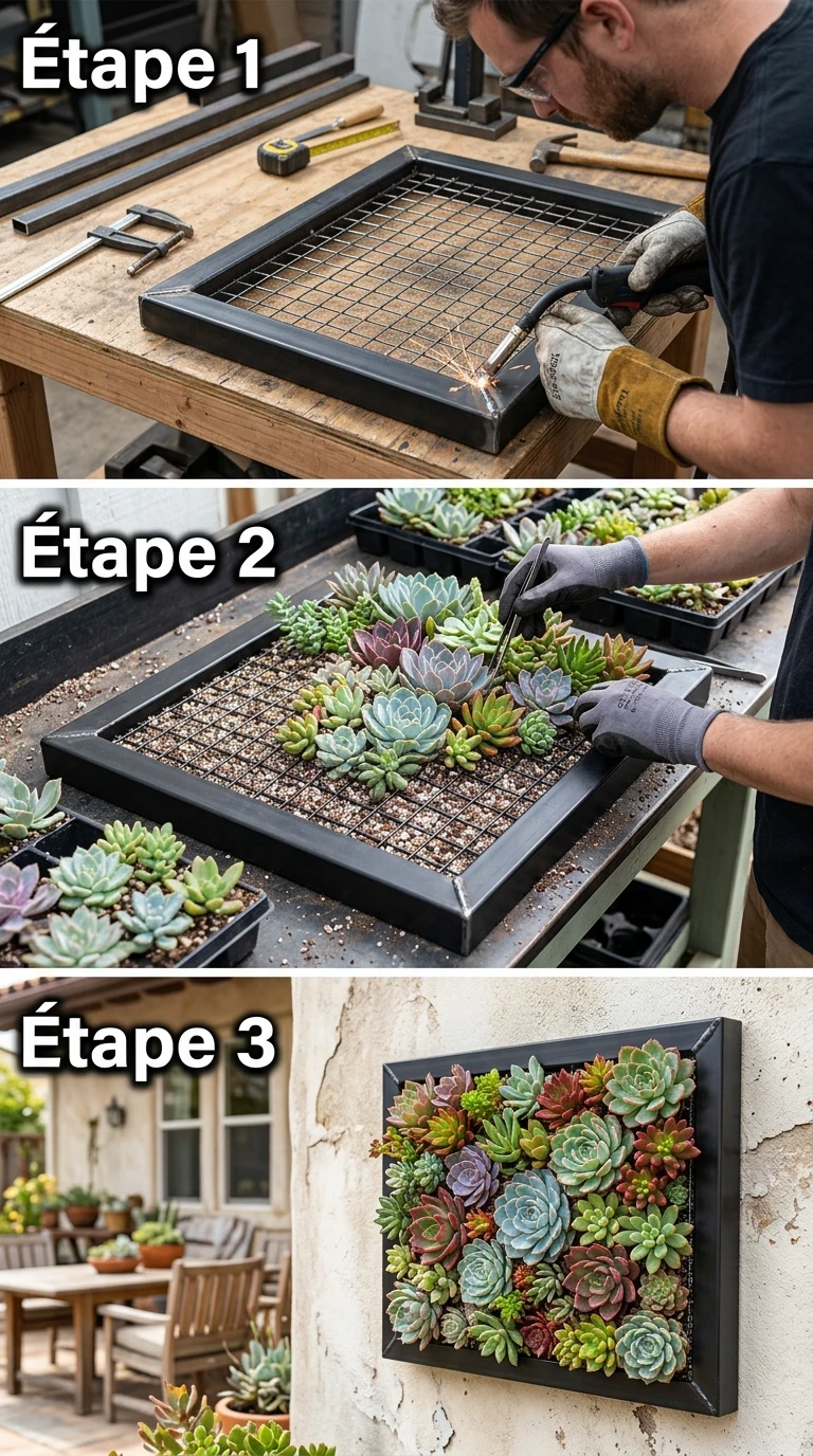 Cadre en Acier avec Succulentes et Sedums