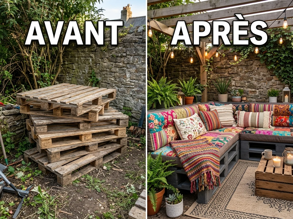 Canapé en Palettes avec Coussins Patchwork