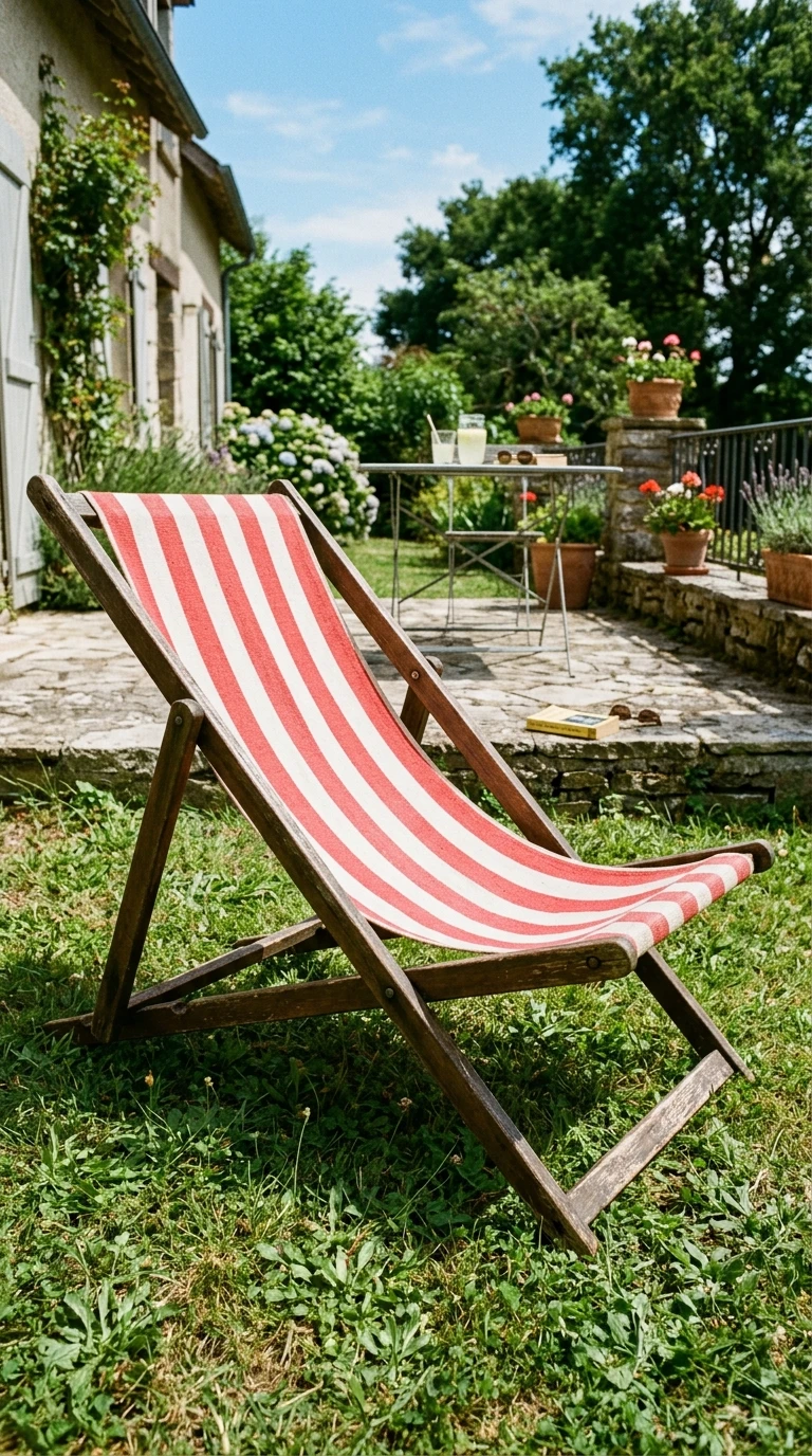 Chaise Longue Transat Toile Rayée Années 50