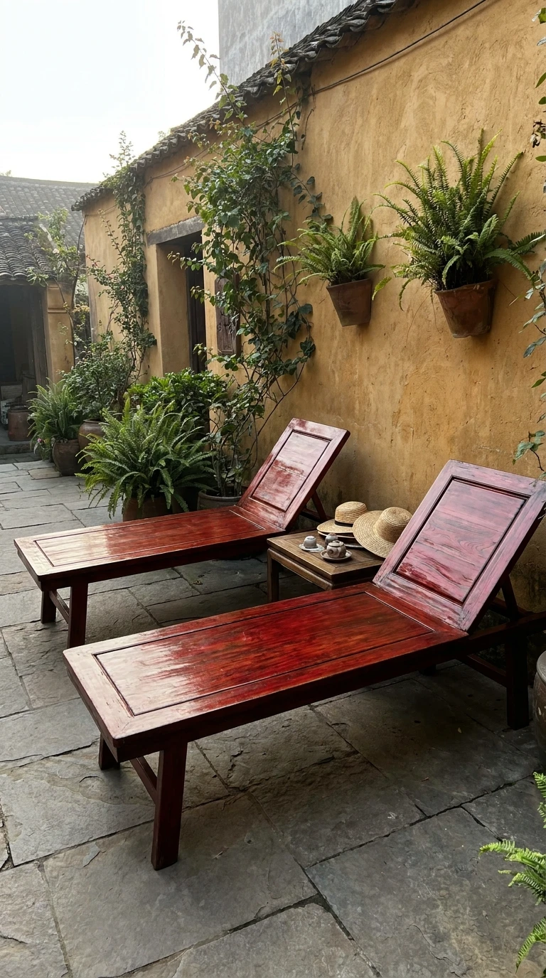 Chaises Longues Bambou Laqué Rouge Style Vietnam