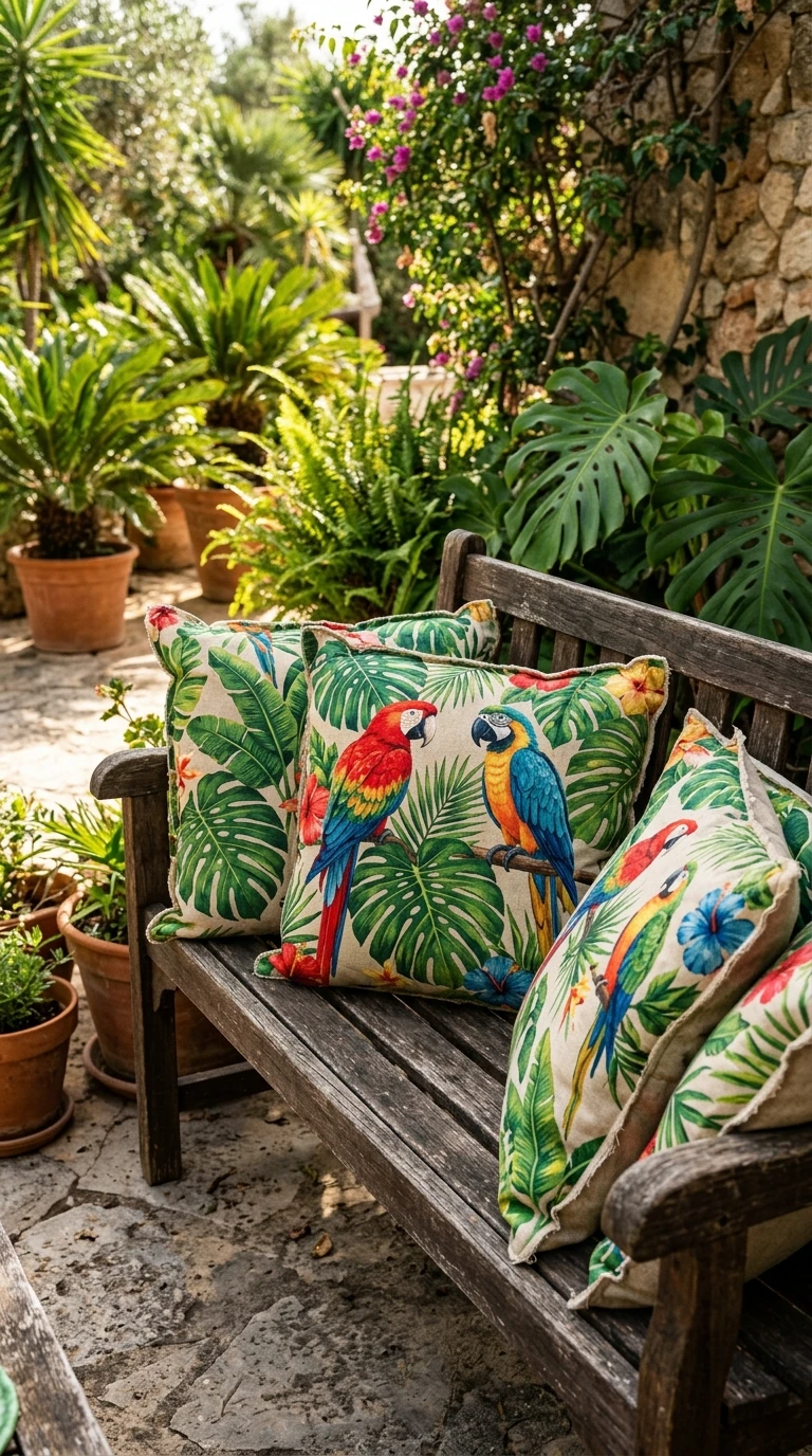 Coussins Tissus Tropicaux Perroquets et Feuilles