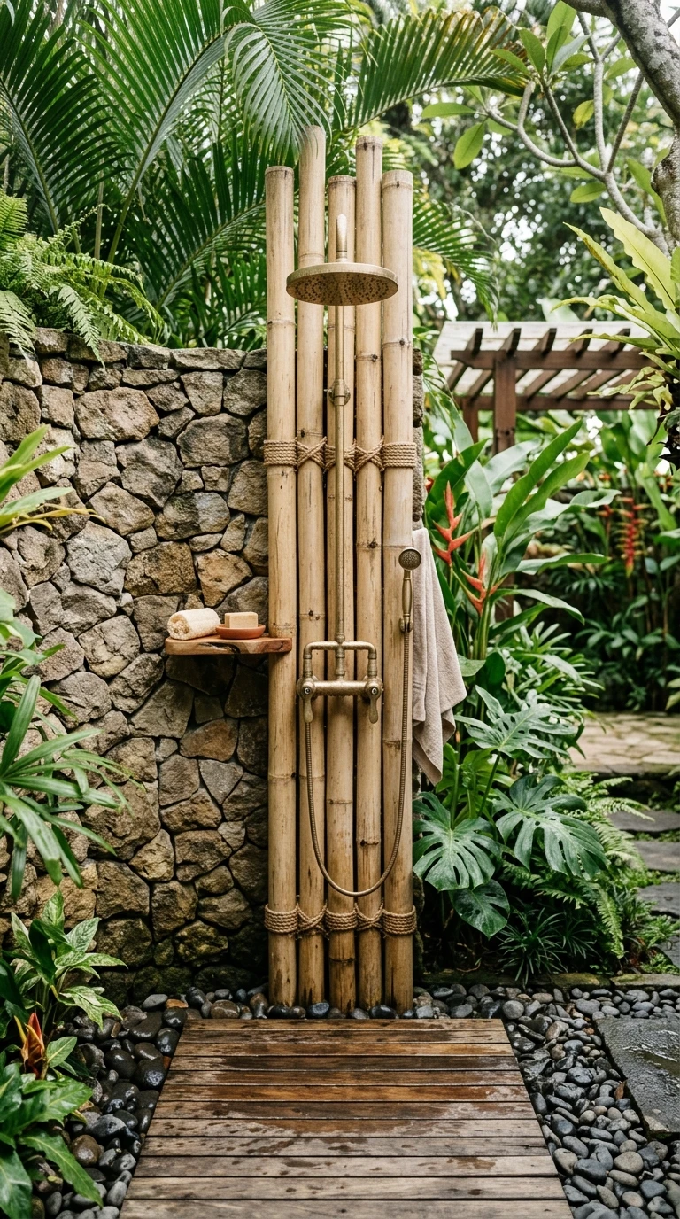 Douche Extérieure Bambou et Laiton pour l'Ambiance