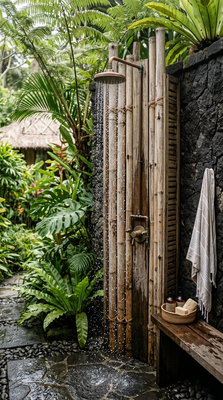 Douche Extérieure en Bois et Bambou