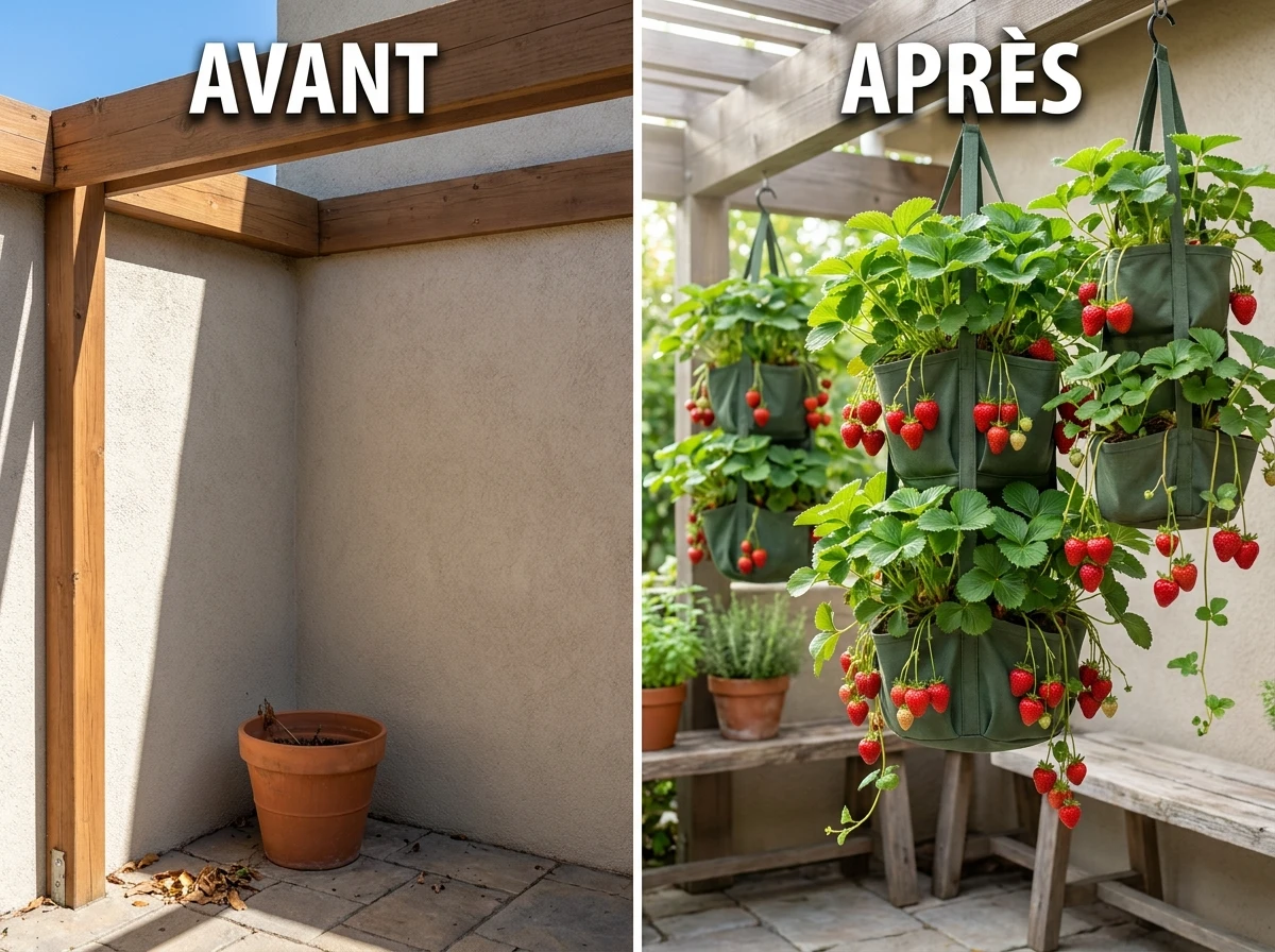 Fraises en Cascade Depuis des Pots Suspendus