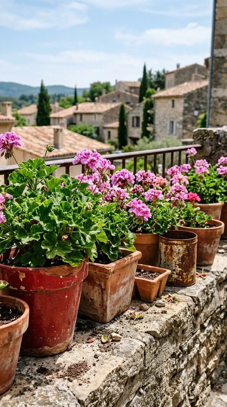 Géraniums Rosat en Collection de Pots Dépareillés