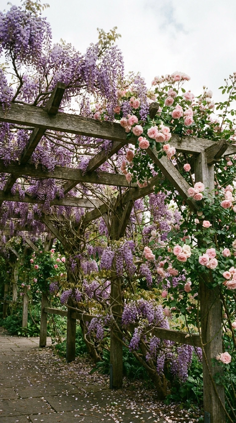 Glycine et Roses Coordonnées sur Même Pergola