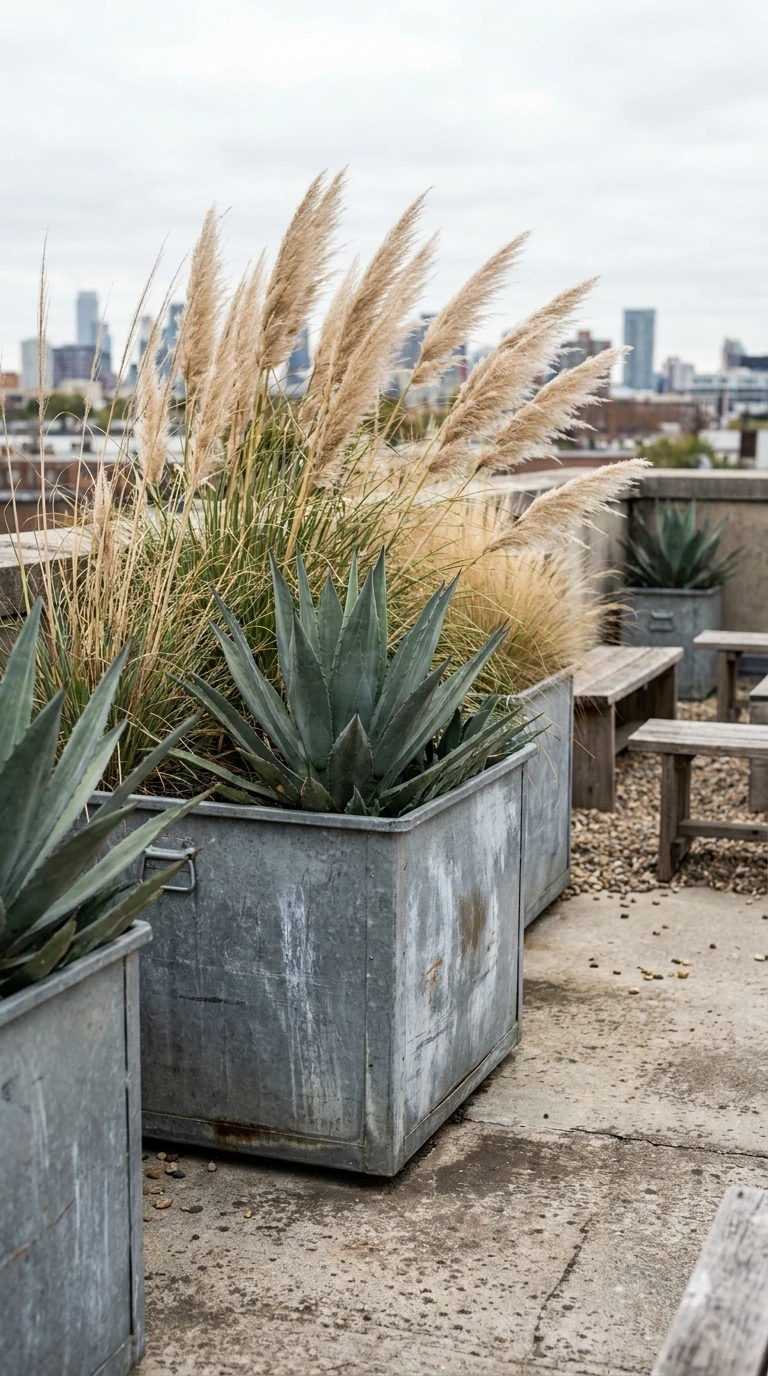 Graminées et Agaves dans Bacs Acier Galvanisé