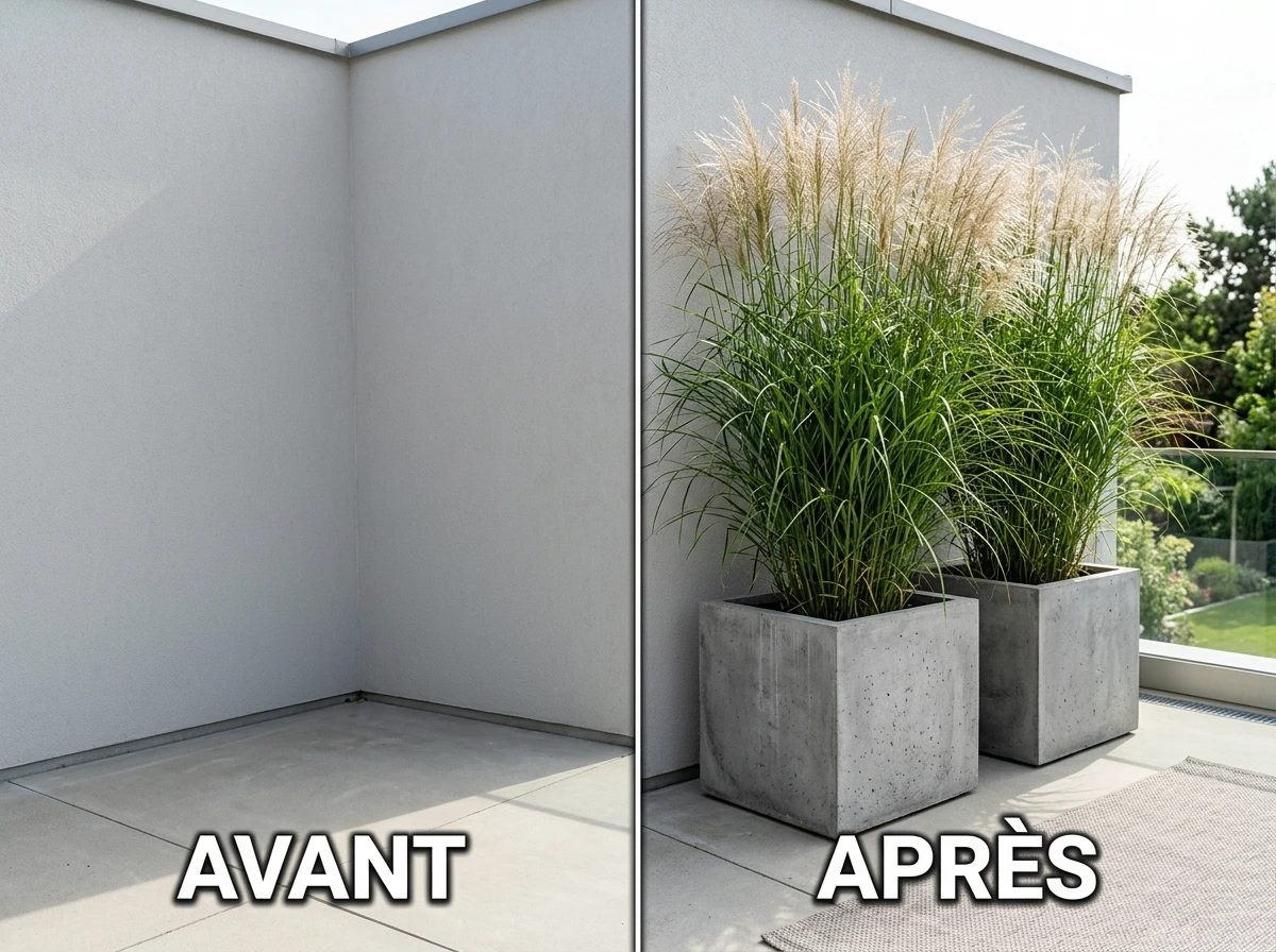 Graminées Géantes en Pots Béton Géométriques